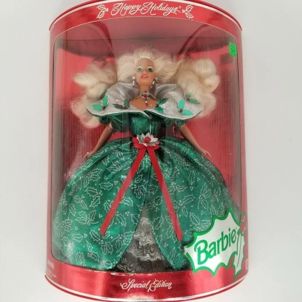 Vintage Mattel 1995 Happy Holidays Christmas Brunette Barbie Doll Green Gown